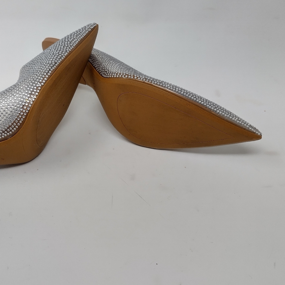 Zara Silver Rhinestone Pointed Toe Kitten Heel Mules - Picture 8 of 8